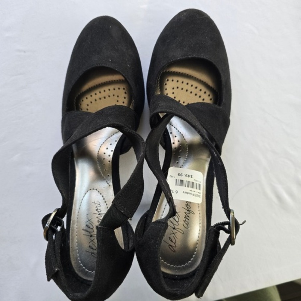 🆕️ Dexflex Comfort Black Suede Ankle Strap Women's Size 6.5 Block Heel Pumps - Picture 15 of 16
